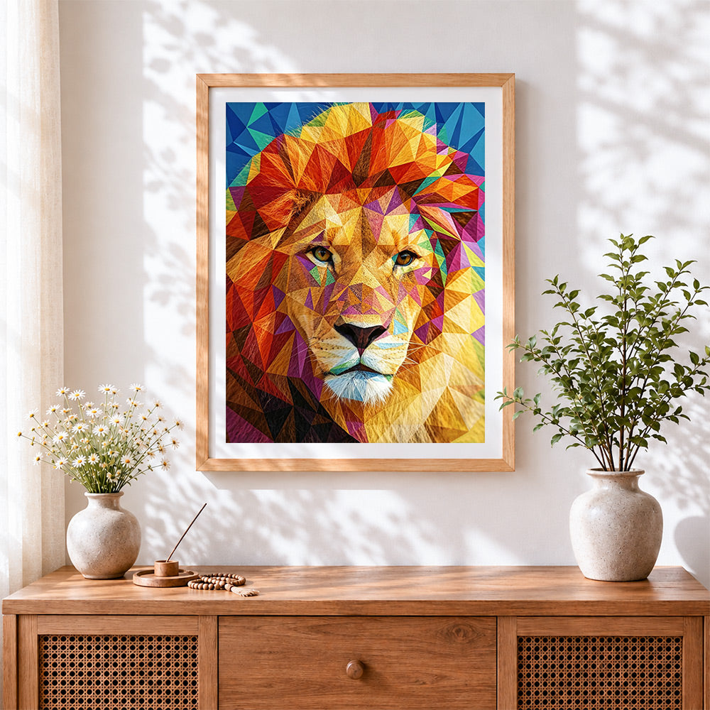 Finished modern abstract lion cross stitch artwork displayed