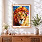 Finished modern abstract lion cross stitch artwork displayed