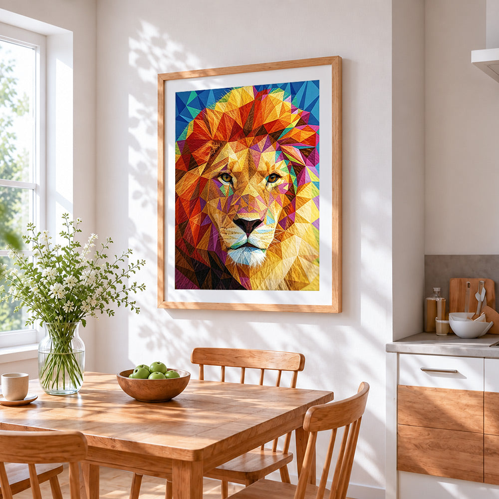 Modern abstract lion cross stitch artwork displayed on wall as home decor