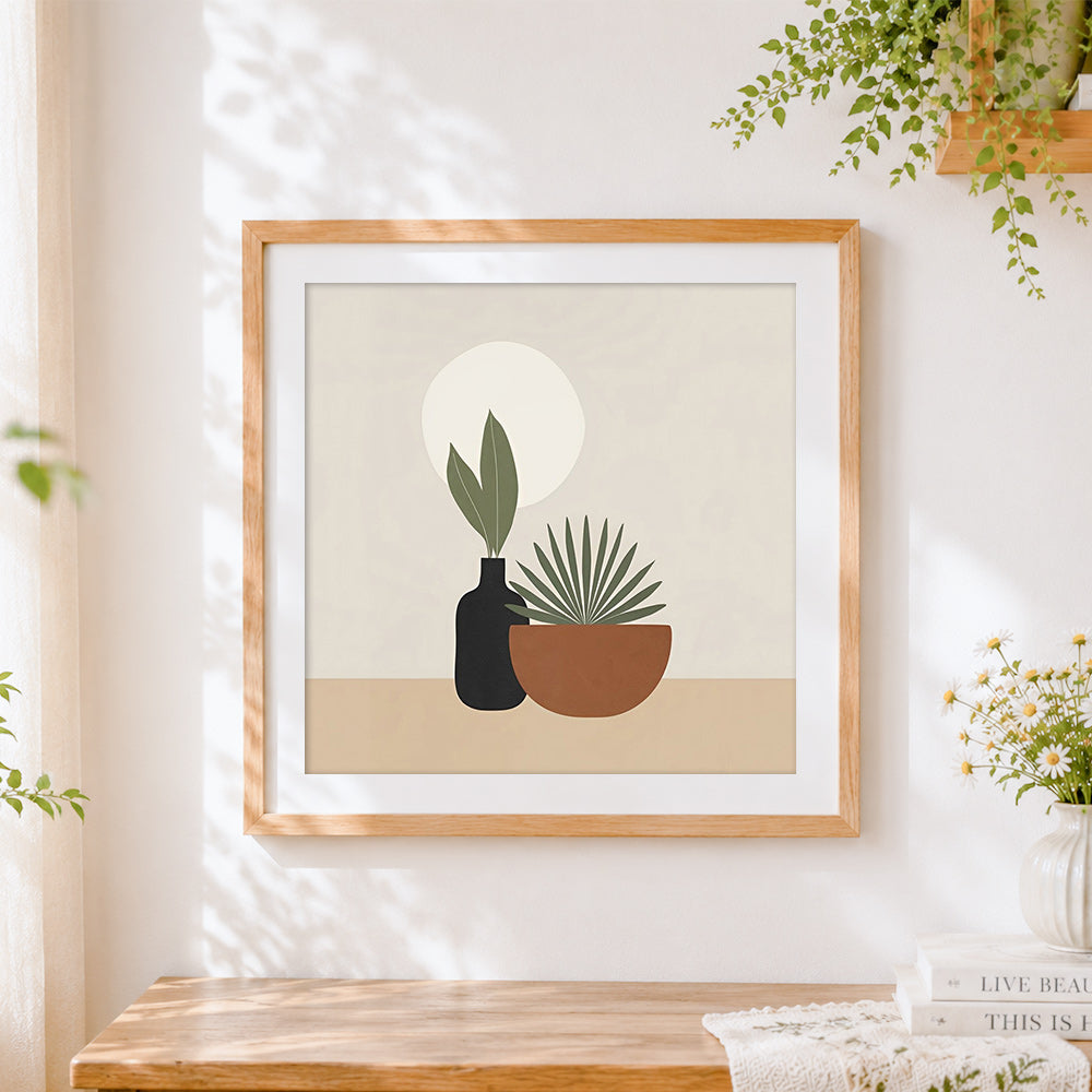 Finished modern abstract potted plants cross stitch artwork displayed
