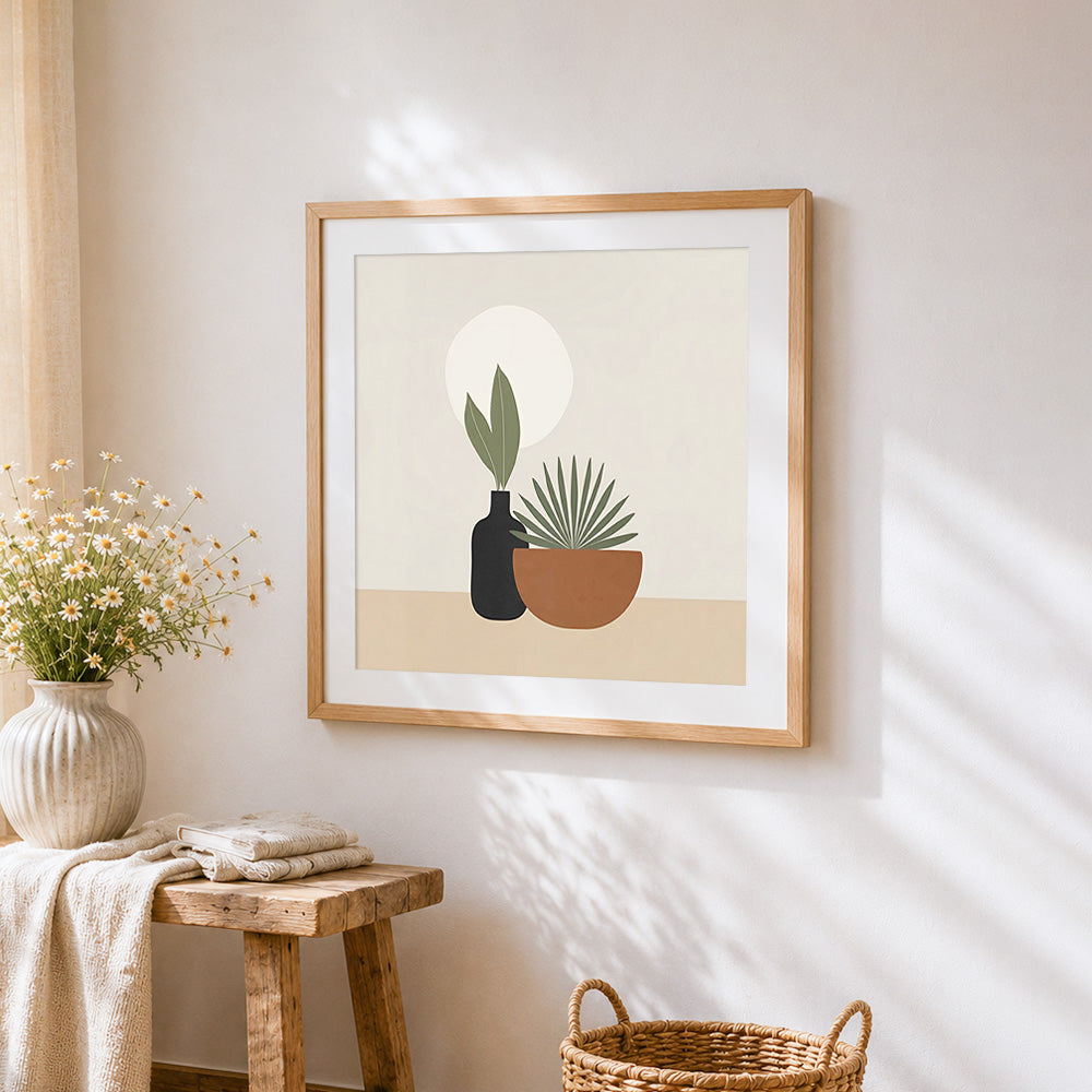 Modern abstract potted plants cross stitch artwork displayed on wall as home decor