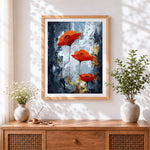 Finished modern abstract red poppies cross stitch artwork displayed