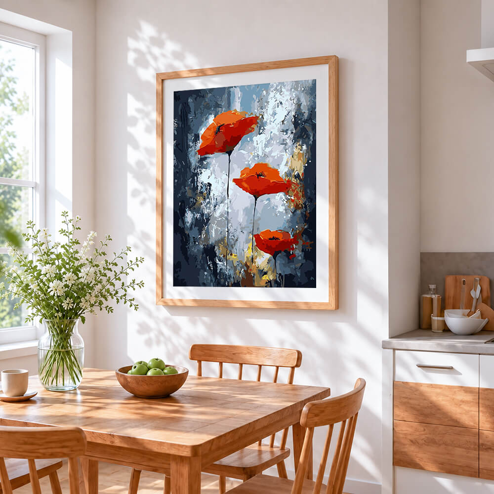 Modern abstract red poppies cross stitch artwork displayed on wall as home decor
