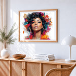 Modern african woman cross stitch artwork displayed on wall as home decor