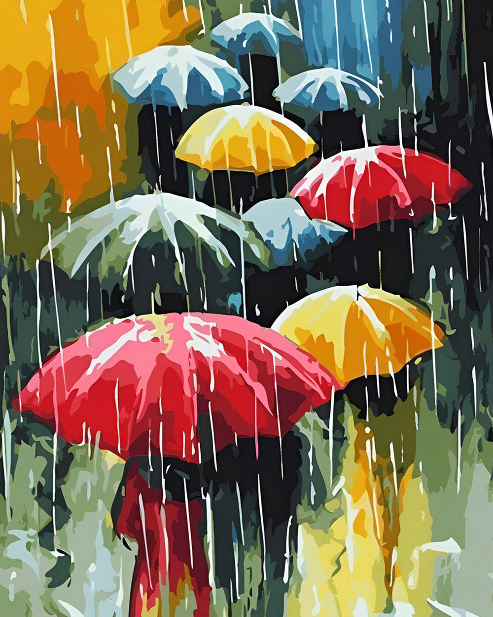Modern colourful umbrellas in rain cross stitch kit for beginners