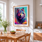 Modern colourful wolf cross stitch artwork displayed on wall as home decor