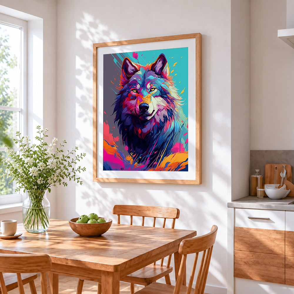 Modern colourful wolf cross stitch artwork displayed on wall as home decor