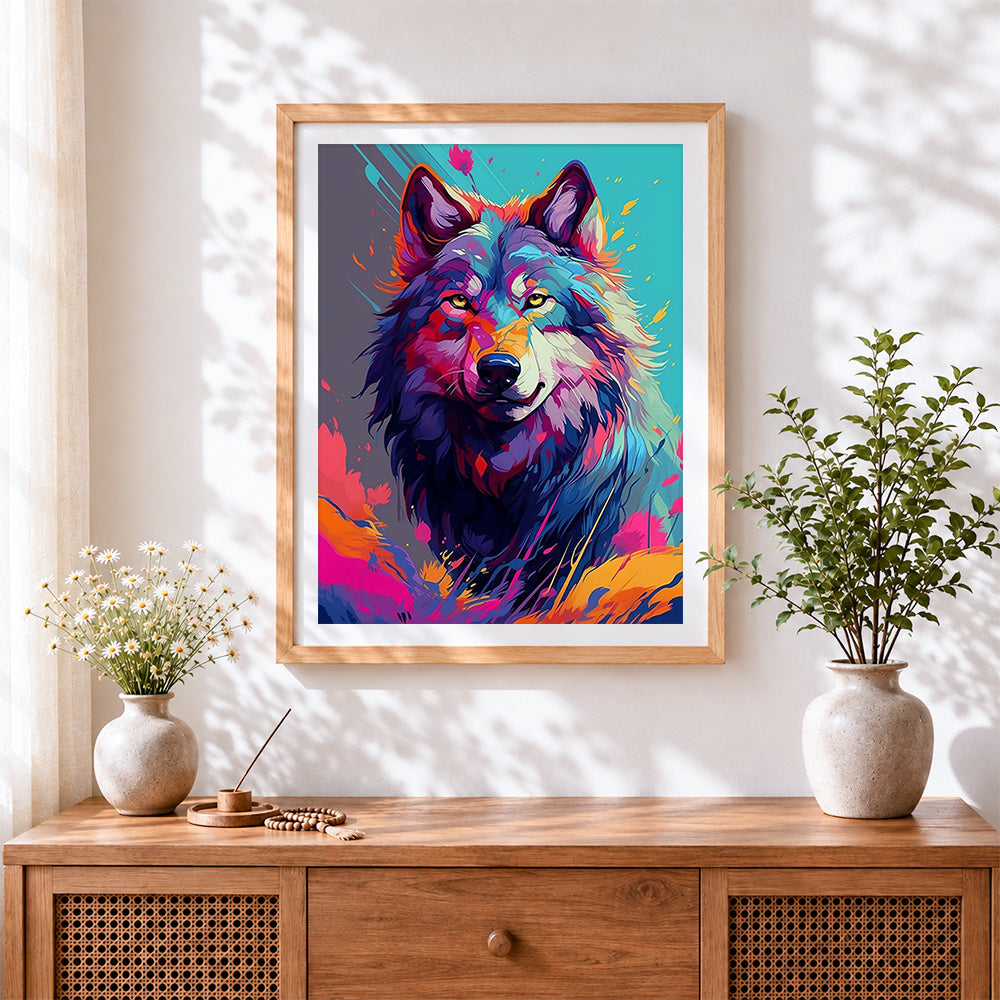 Finished modern colourful wolf paint by numbers artwork displayed as home decor