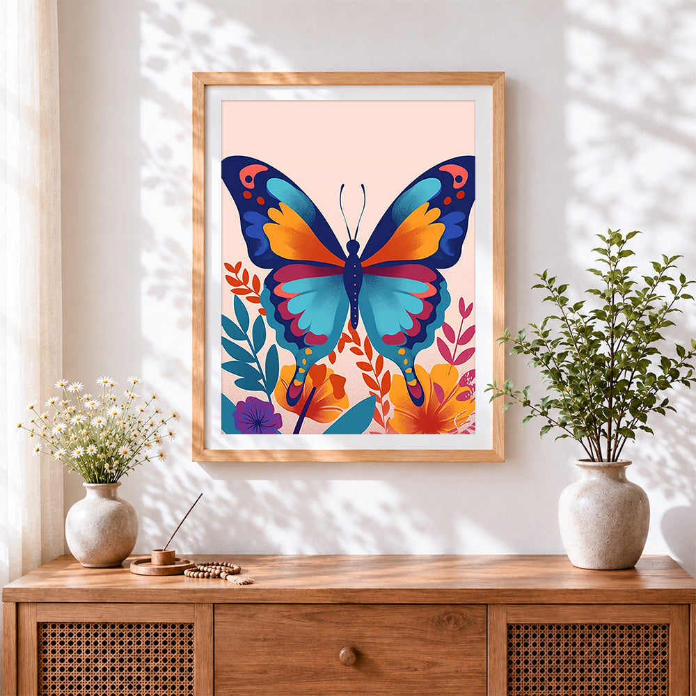Finished modern folk art butterfly cross stitch artwork displayed