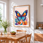 Modern folk art butterfly cross stitch artwork displayed on wall as home decor