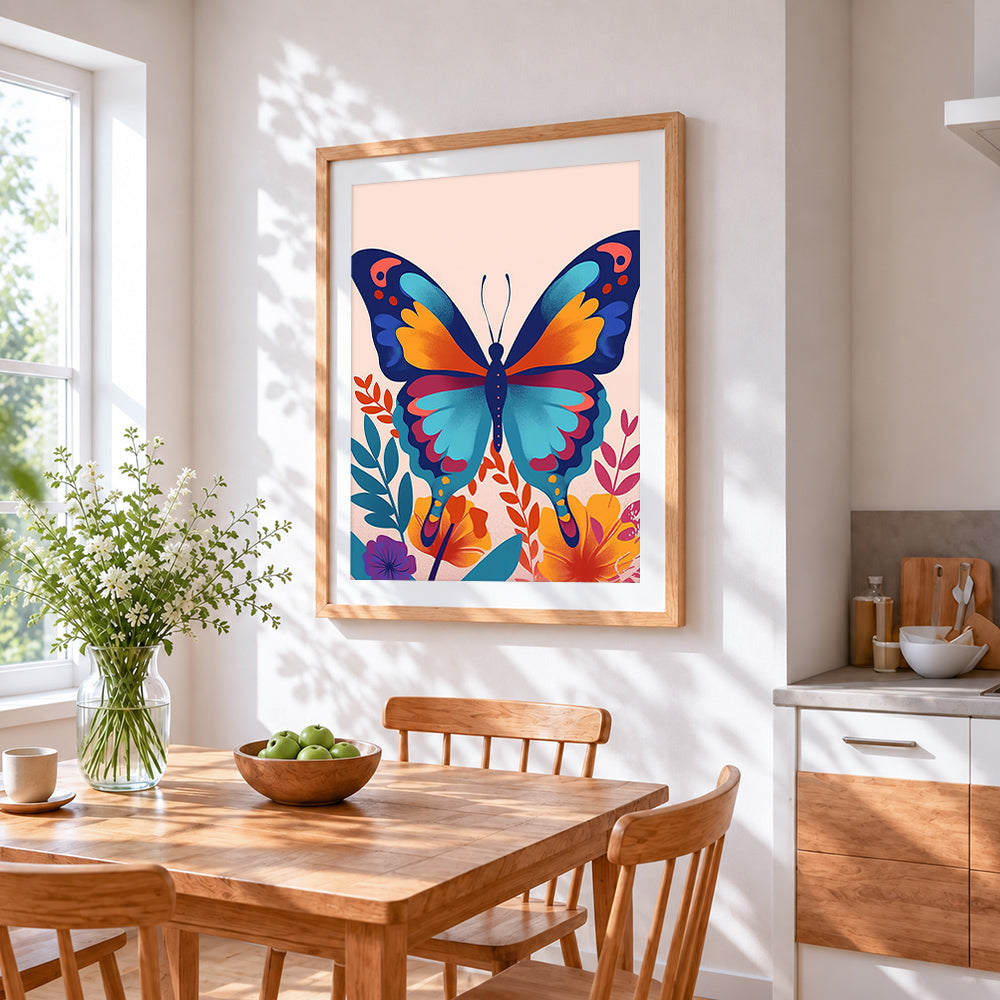 Modern folk art butterfly paint by numbers artwork displayed on wall as home decor