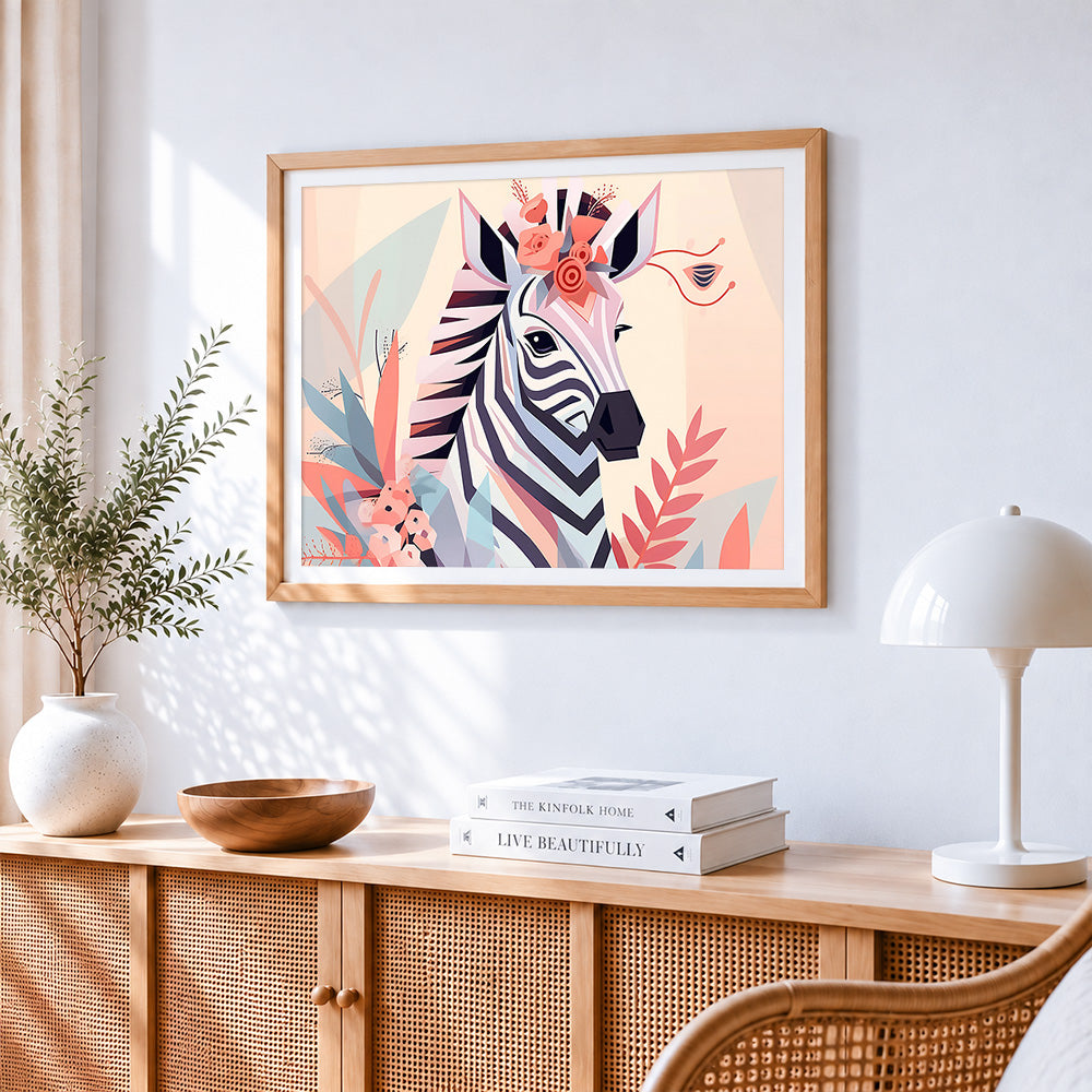 Modern geometric zebra portrait cross stitch artwork displayed on wall as home decor