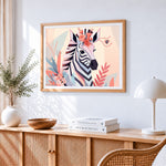 Modern geometric zebra portrait cross stitch artwork displayed on wall as home decor