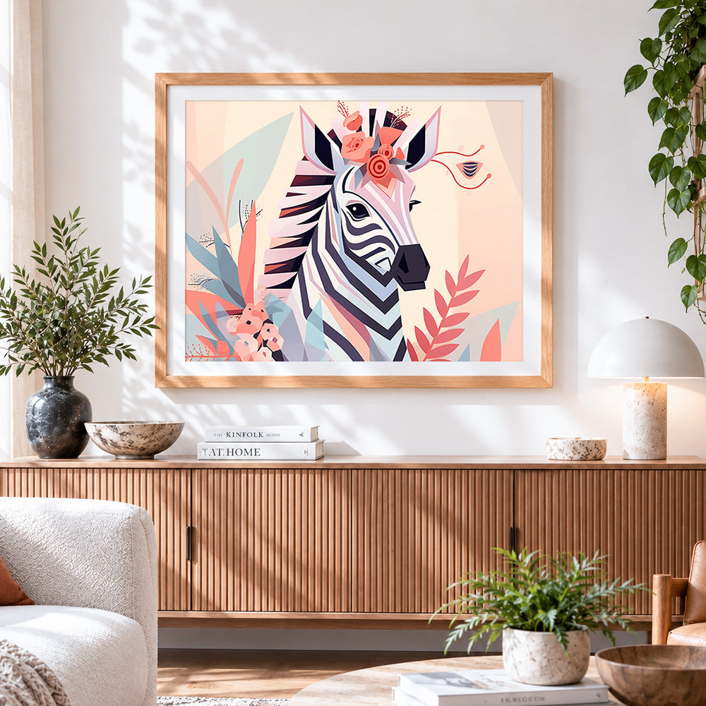 Finished modern geometric zebra portrait paint by numbers artwork displayed as home decor