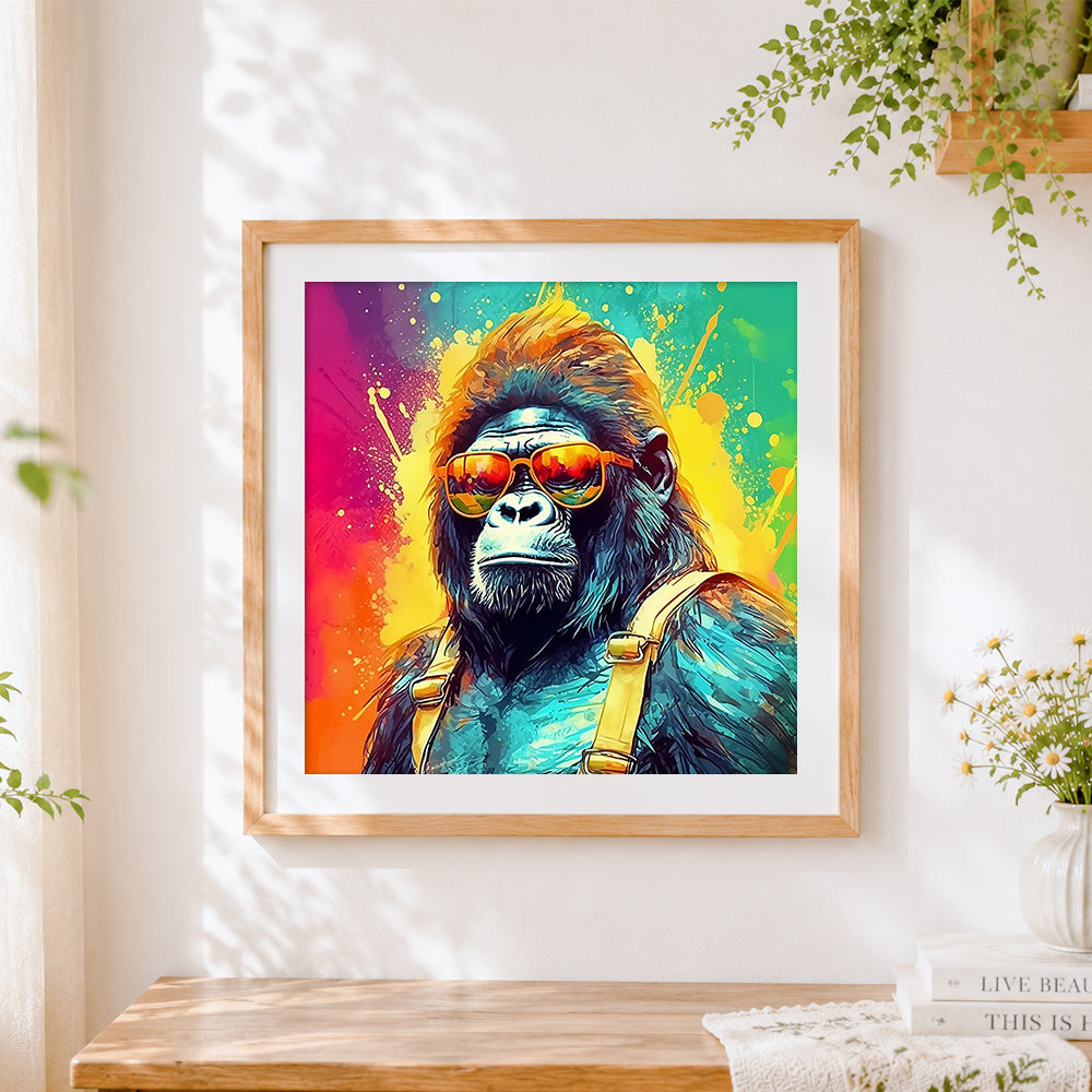 Finished modern gorilla wearing orange sunglasses cross stitch artwork displayed