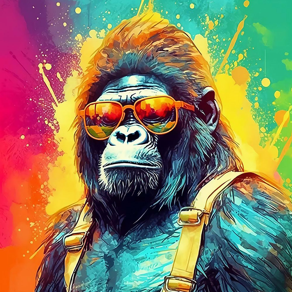 Modern gorilla wearing orange sunglasses cross stitch kit for beginners