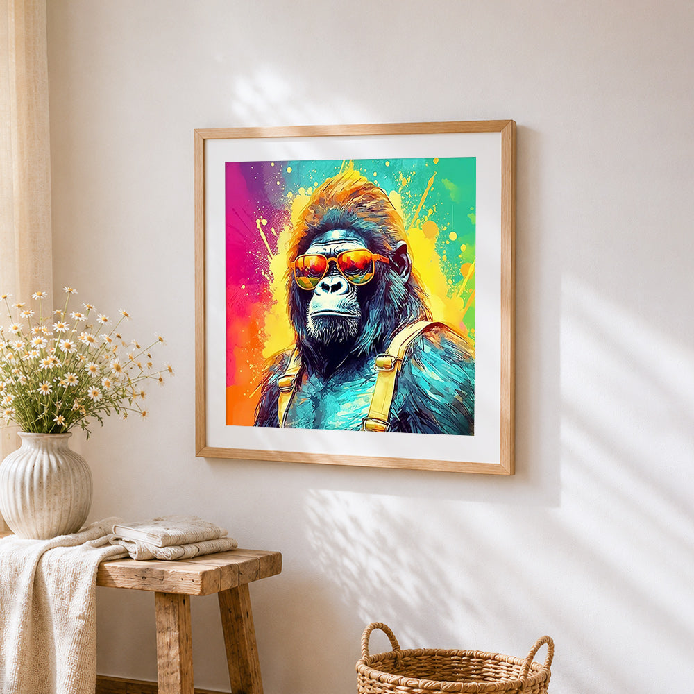 Modern gorilla wearing orange sunglasses cross stitch artwork displayed on wall as home decor