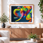 Finished modern graffiti style elephant cross stitch artwork displayed