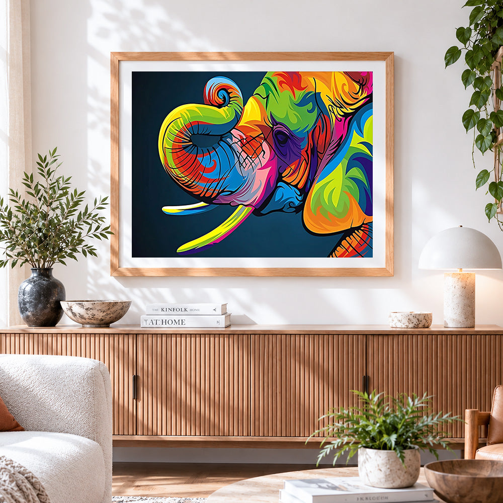 Finished modern graffiti style elephant cross stitch artwork displayed