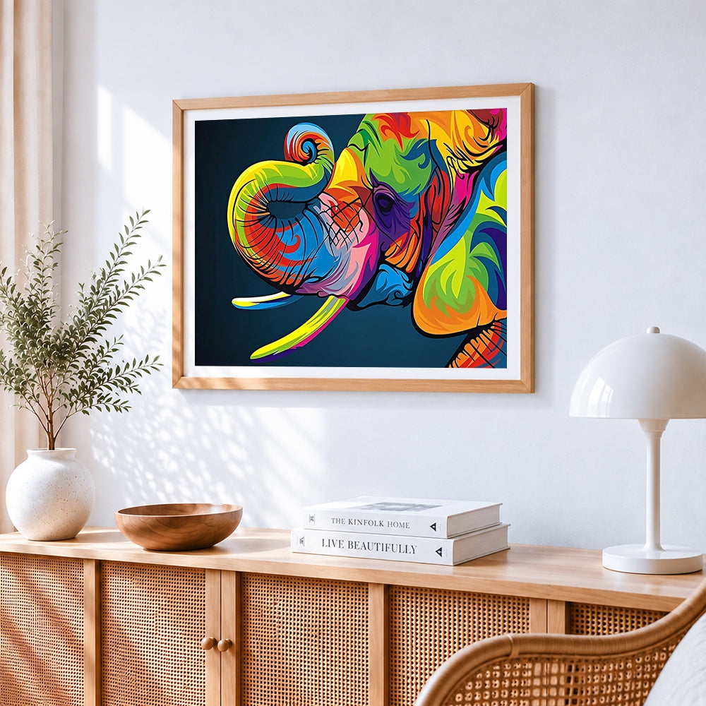 Modern graffiti style elephant cross stitch artwork displayed on wall as home decor