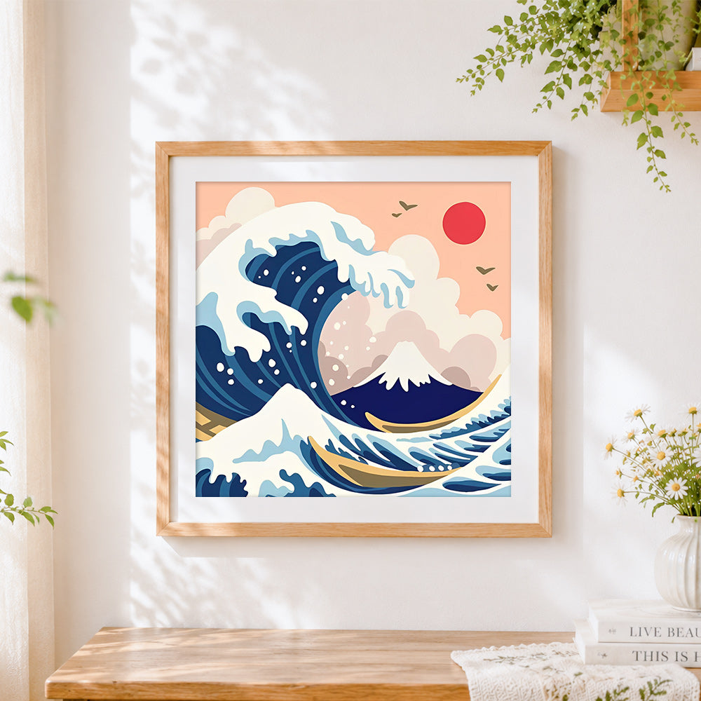 Finished modern great wave off kanagawa paint by numbers artwork displayed as home decor