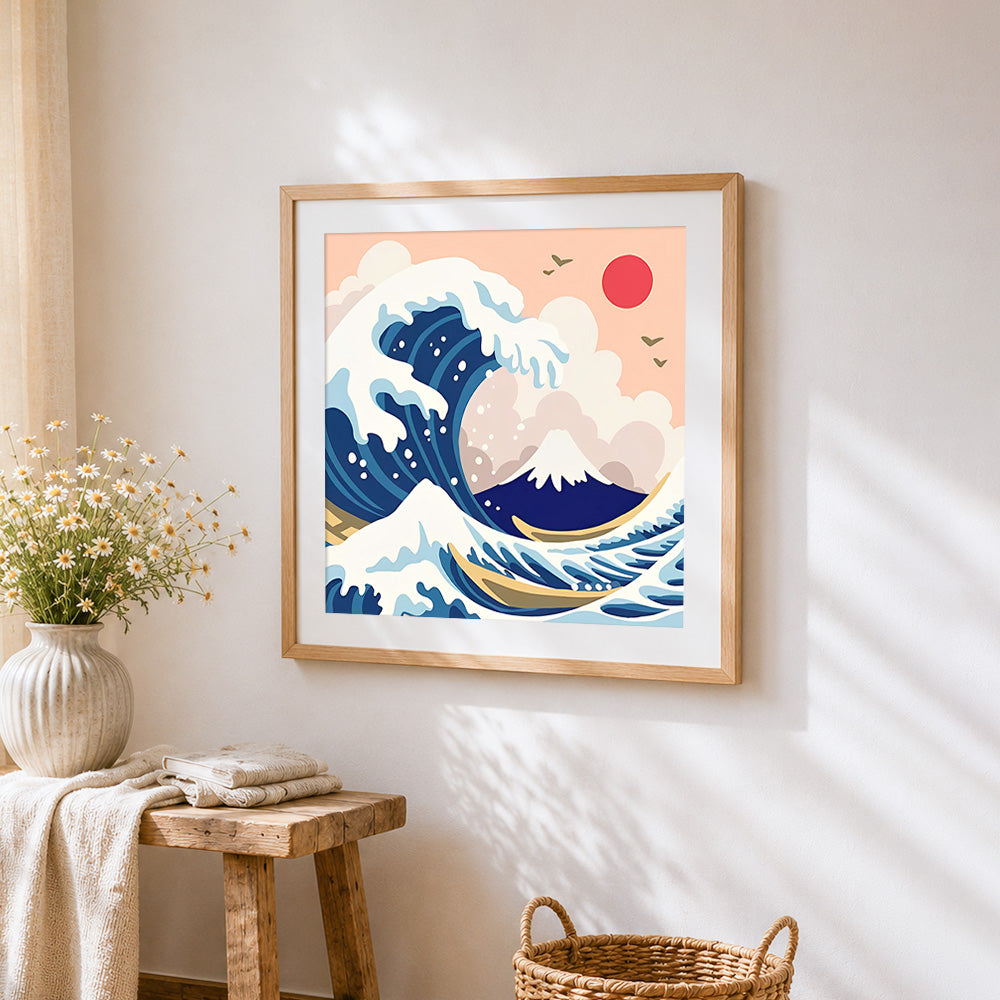 Modern great wave off kanagawa paint by numbers artwork displayed on wall as home decor