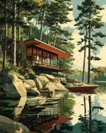 Modern lakeside cabin and speedboat cross stitch kit for beginners