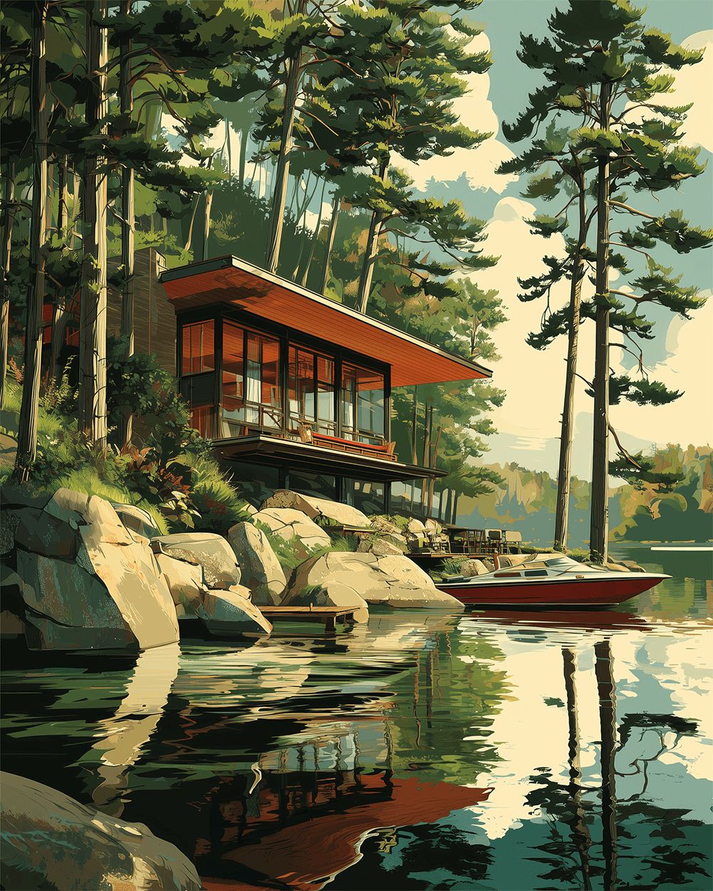 Modern lakeside cabin and speedboat cross stitch kit for beginners