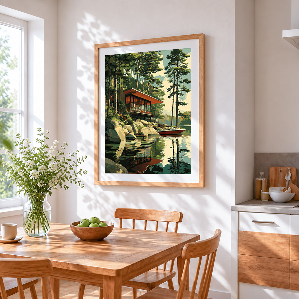 Modern lakeside cabin and speedboat cross stitch artwork displayed on wall as home decor