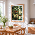 Modern lakeside cabin and speedboat cross stitch artwork displayed on wall as home decor