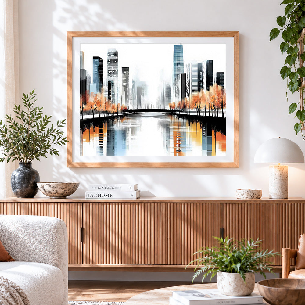 Finished modern monochrome cityscape cross stitch artwork displayed