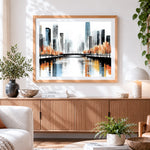 Finished modern monochrome cityscape paint by numbers artwork displayed as home decor