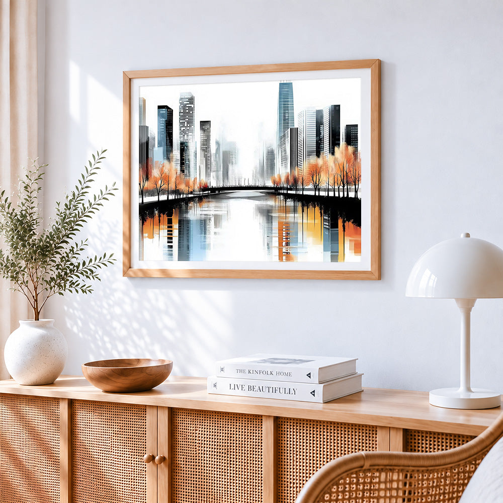Modern monochrome cityscape paint by numbers artwork displayed on wall as home decor