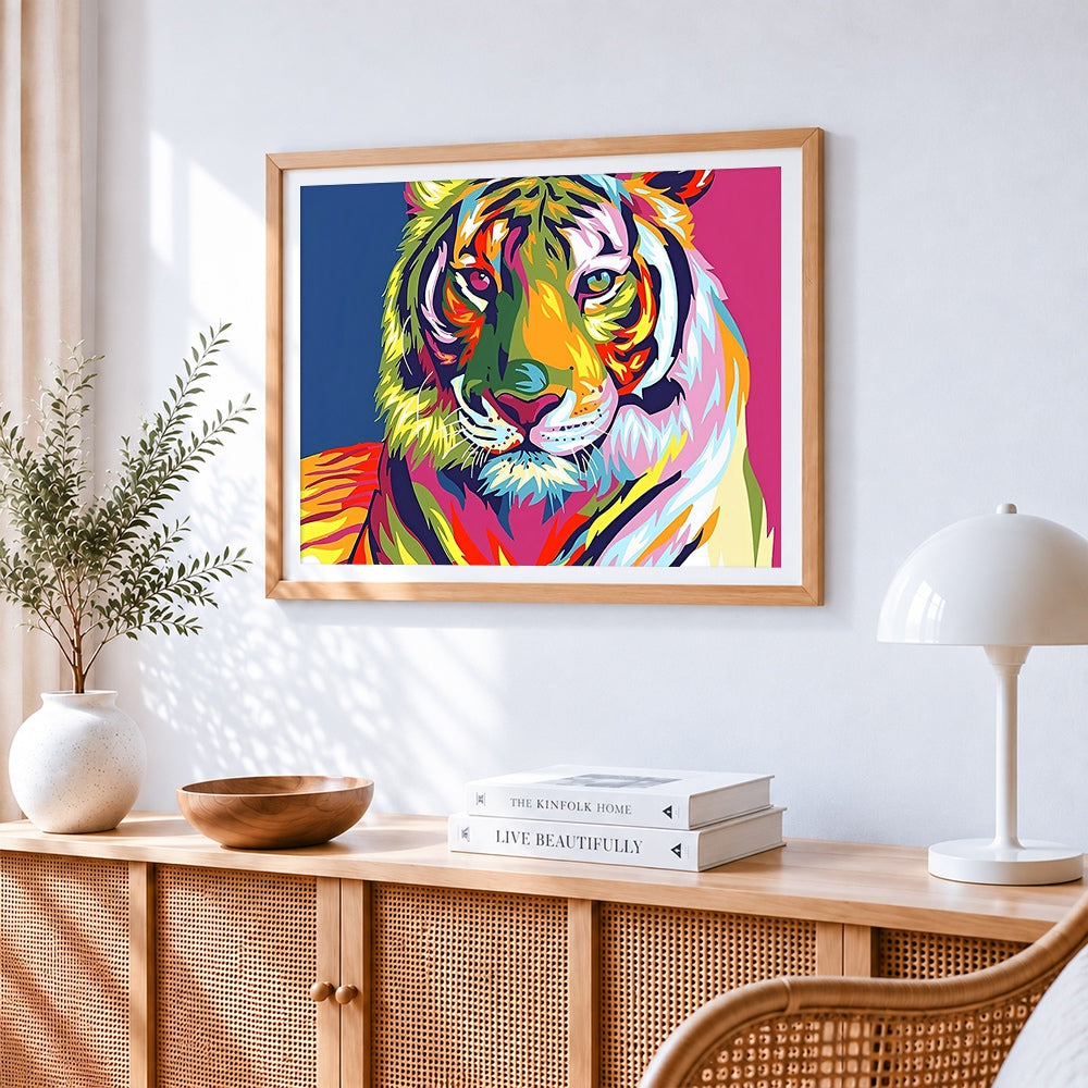 Modern pop art rainbow tiger cross stitch artwork displayed on wall as home decor