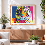 Finished modern pop art rainbow tiger paint by numbers artwork displayed as home decor