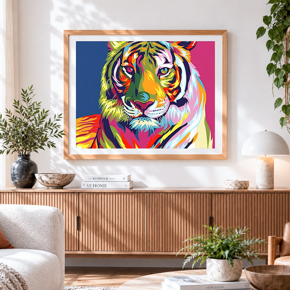 Finished modern pop art rainbow tiger paint by numbers artwork displayed as home decor