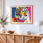 Modern pop art rainbow tiger paint by numbers artwork displayed on wall as home decor