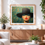 Finished modern woman in black hat paint by numbers artwork displayed as home decor