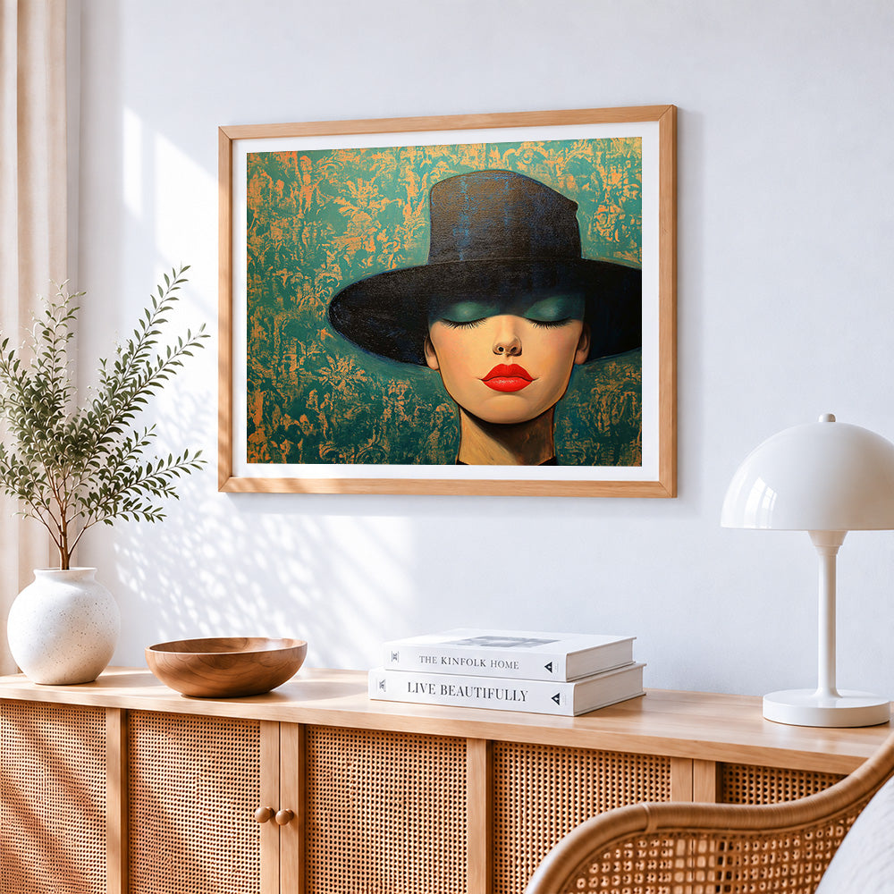 Modern woman in black hat paint by numbers artwork displayed on wall as home decor