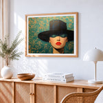 Modern woman in black hat paint by numbers artwork displayed on wall as home decor