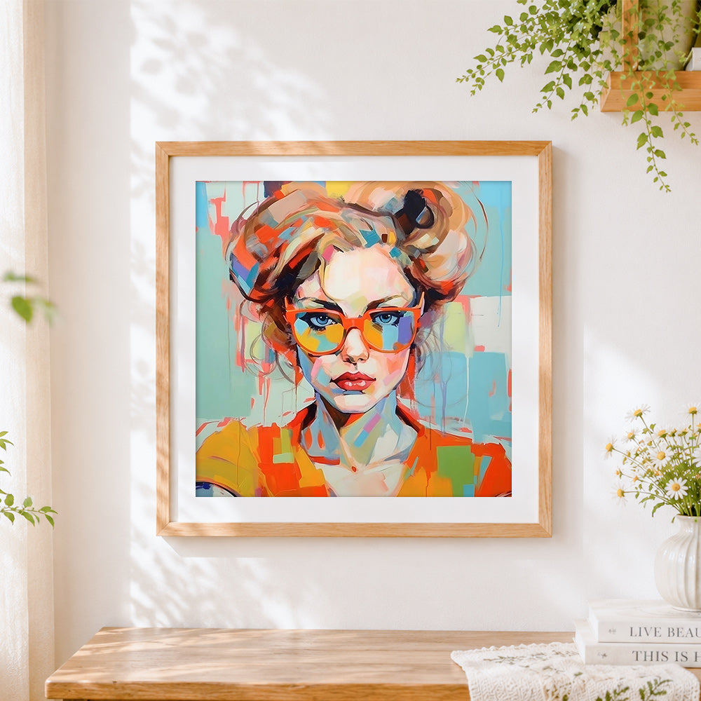 Finished modern woman with orange glasses cross stitch artwork displayed