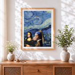 Finished mona lisa and vermeer bubblegum parody cross stitch artwork displayed