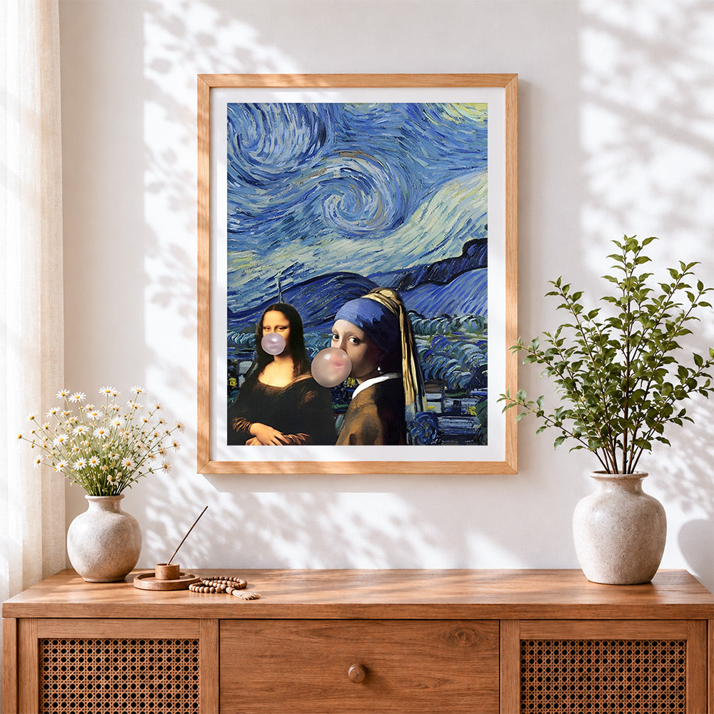 Finished mona lisa and vermeer bubblegum parody cross stitch artwork displayed