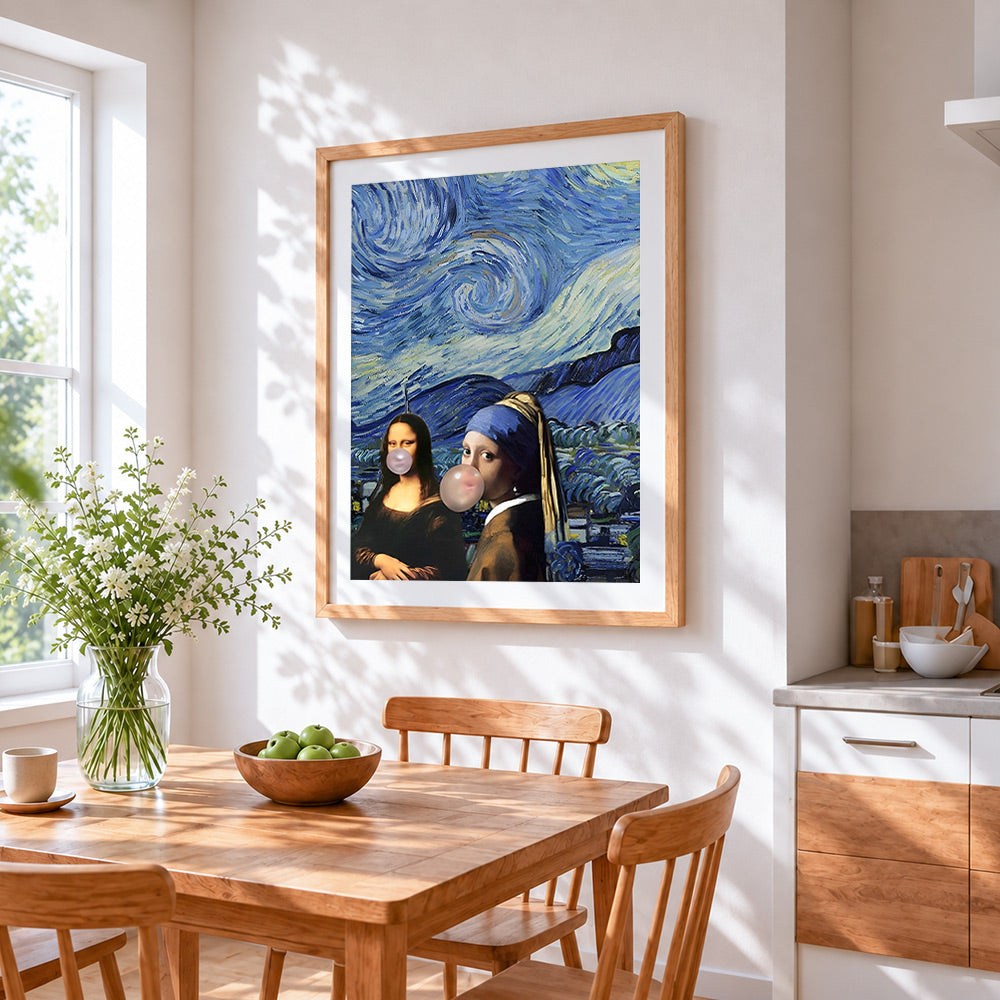 Mona lisa and vermeer bubblegum parody cross stitch artwork displayed on wall as home decor