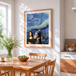 Mona lisa and vermeer bubblegum parody cross stitch artwork displayed on wall as home decor