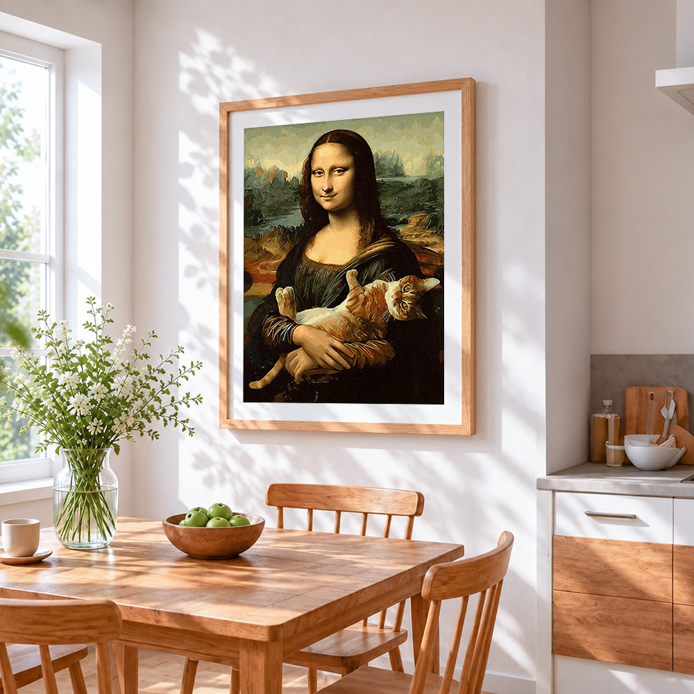 Mona lisa with a ginger cat cross stitch artwork displayed on wall as home decor