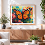 Finished monarch butterfly on a floral background cross stitch artwork displayed