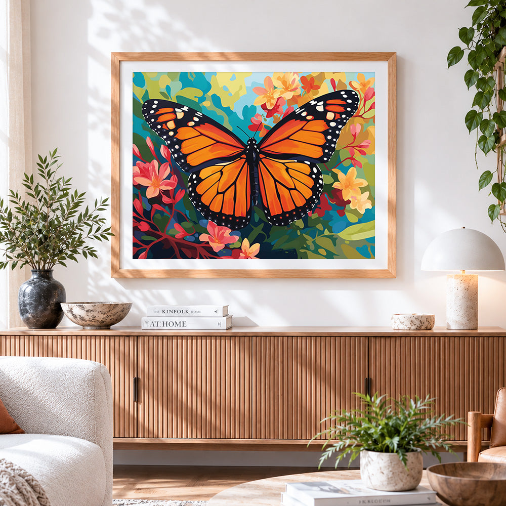 Finished monarch butterfly on a floral background cross stitch artwork displayed