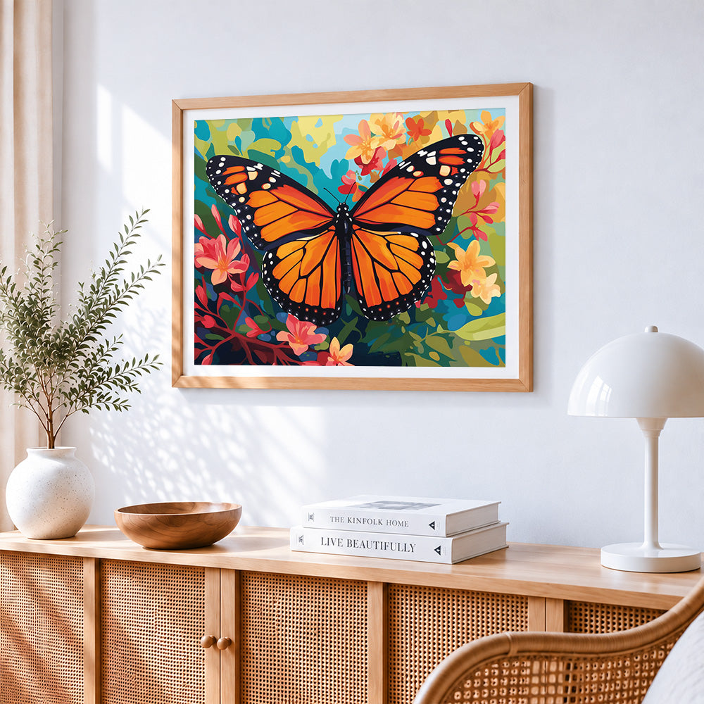 Monarch butterfly on a floral background cross stitch artwork displayed on wall as home decor