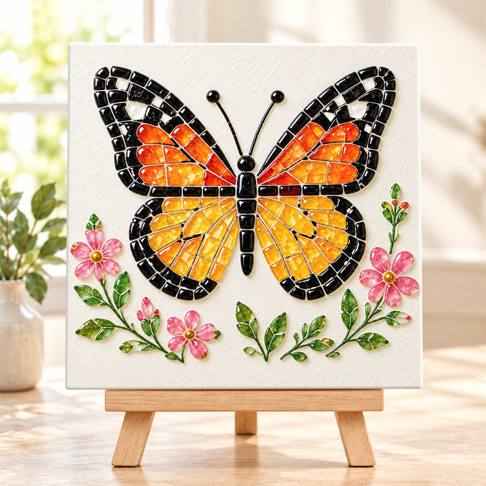 Monarch butterfly sea glass art kit finished artwork on display